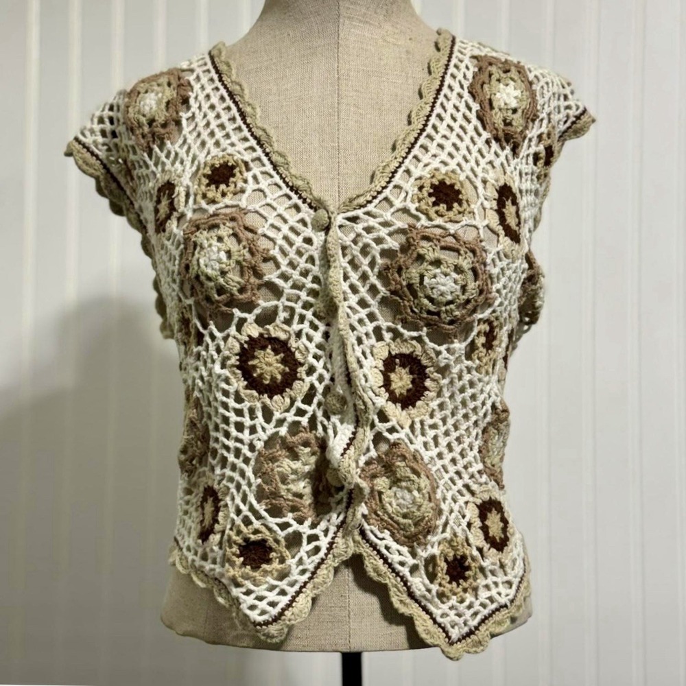 Vintage Margules Crochet Floral Knit Vest M Ramie Cotton 90s Boho Cottagecore